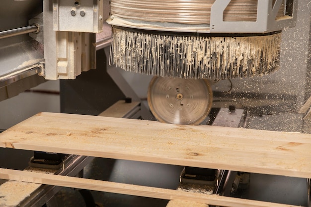 Sega circolare per l'industria del legno per legno Foto di primo piano della macchina per il taglio del legno Segatura del legno in produzione Fabbricazione di prodotti in legno spazio per la copia