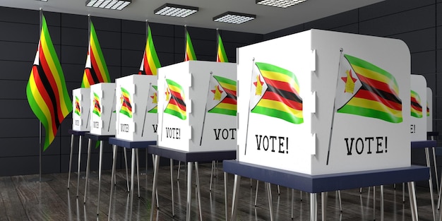 Seggio elettorale dello Zimbabwe con molte cabine elettorali concetto elettorale illustrazione 3D