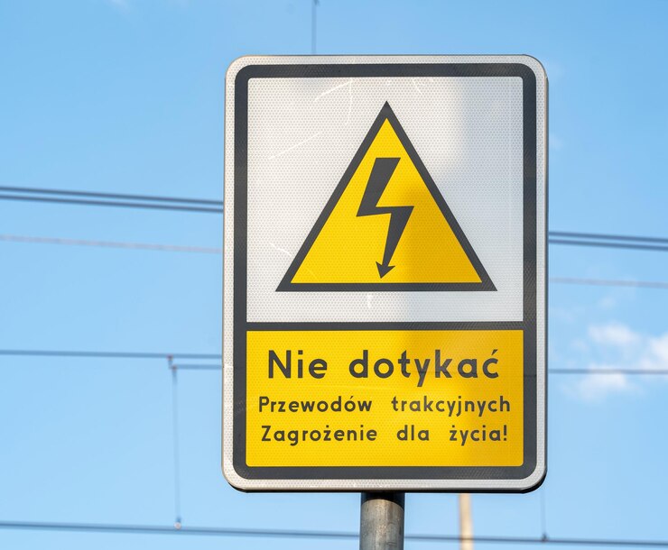 Segnale di avvertenza con un messaggio di avvertimento in polacco contro il tocco dei cavi elettrici aerei