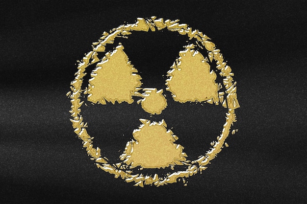 Segnale di radiazioni, simbolo di radiazioni, segnale di avvertimento di pericolo, oro astratto con sfondo nero