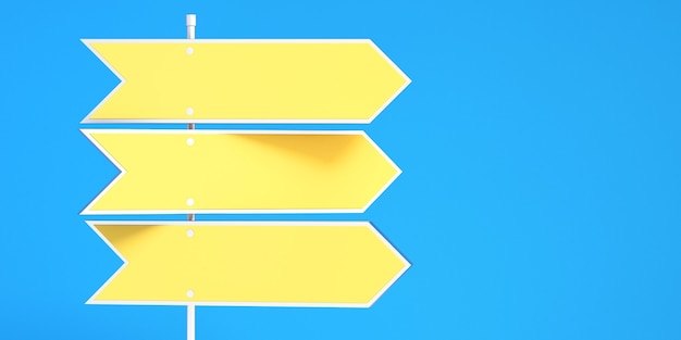 Segnaletica stradale gialla vuota della freccia direzionale 3d con il fondo del cielo blu, fondo dell'illustrazione 3d