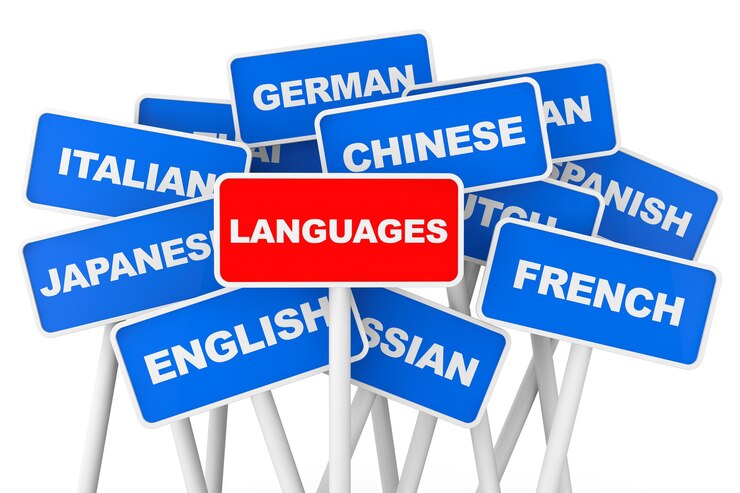 Segni della bandiera delle lingue su sfondo bianco
