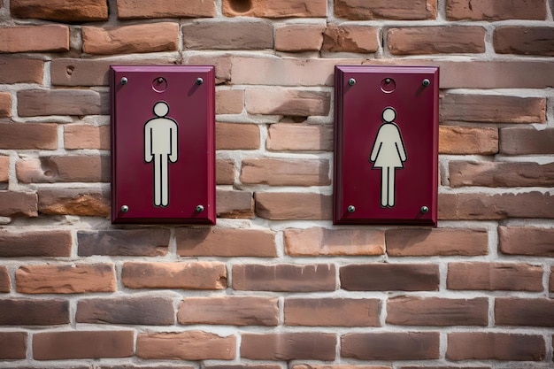 segni di toilette femminili e maschili sul muro di pietra contro uno sfondo di mattoni marroni nello stile narrativo