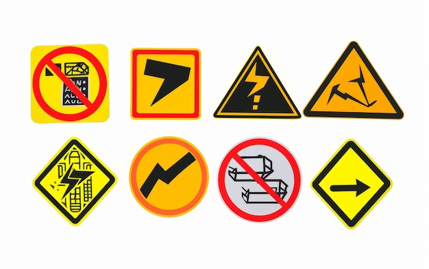 Segni ed etichette di avvertimento essenziali per la sicurezza elettrica su sfondo bianco