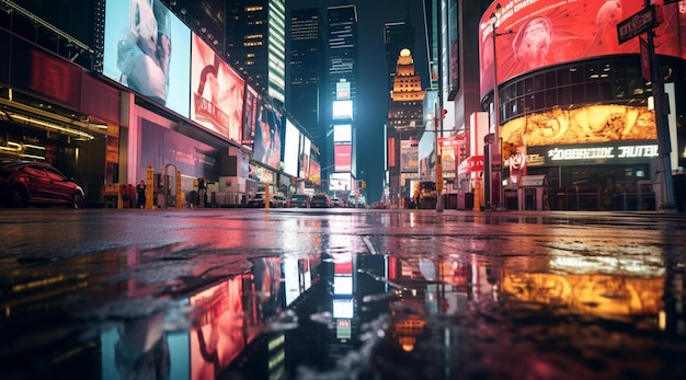 Segni pubblicitari luminosi e cartelloni pubblicitari in città con riflesso luminoso sulla strada bagnata