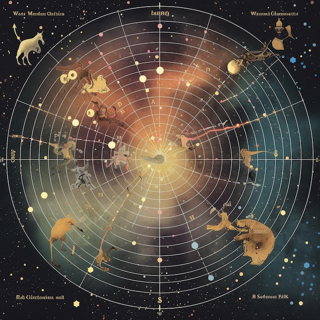 Segni zodiacali in cerchio con una mappa stellare sullo sfondo