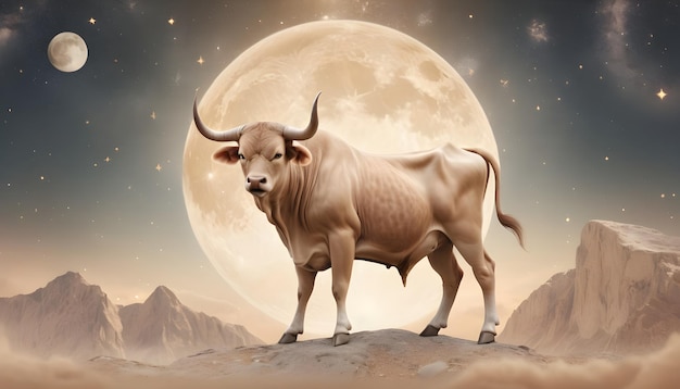 Segni zodiacali Toro un toro è in piedi di fronte a una luna piena