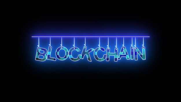 Segno al neon con la parola BLOCKCHAIN luminoso in tonalità blu e viola su uno sfondo scuro