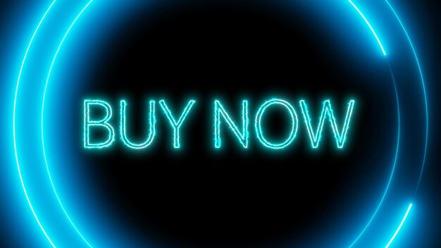 Segno al neon con le parole "comprare ora" luminoso in blu su uno sfondo scuro