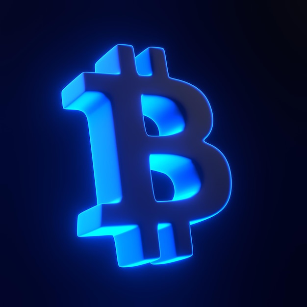 Segno Bitcoin con luci di neon blu futuristiche brillanti su sfondo nero rendering 3D