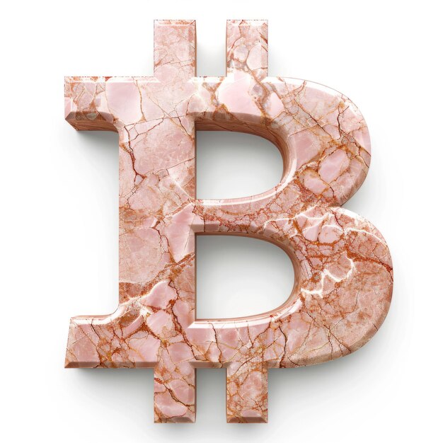 Segno Bitcoin in marmo rosa isolato su sfondo bianco