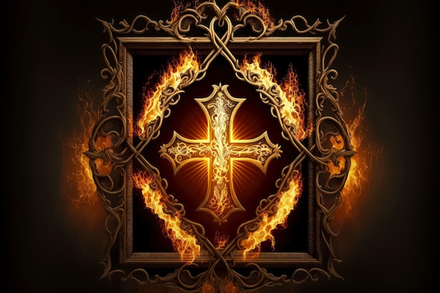 Segno celeste della croce cristiana in fiamme all'interno della cornice che simboleggia la Santissima Trinità generativa ai
