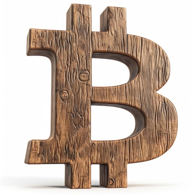 Segno di Bitcoin in legno di mogano isolato su sfondo bianco
