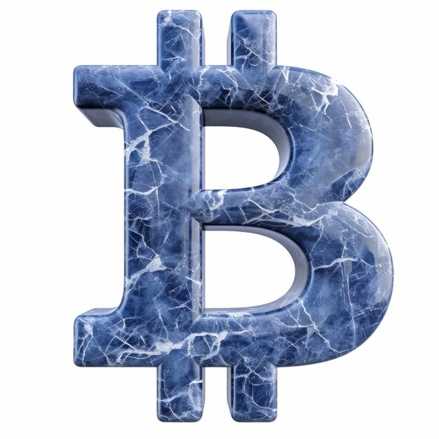 Segno di Bitcoin in marmo blu isolato su sfondo bianco