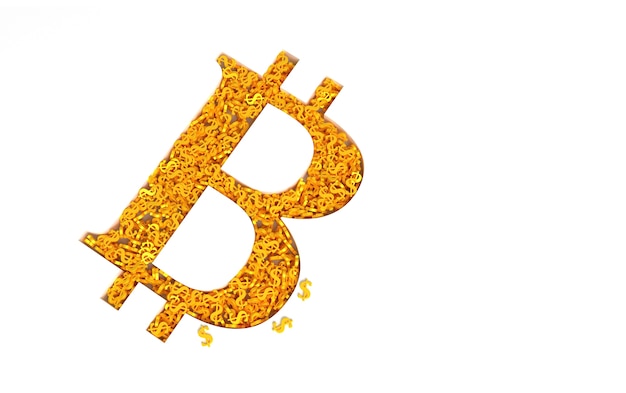 Segno di bitcoin riempito con segni di dollaro in oro