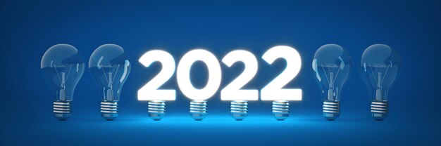 Segno di Capodanno 2022 all'interno del rendering 3D delle lampadine