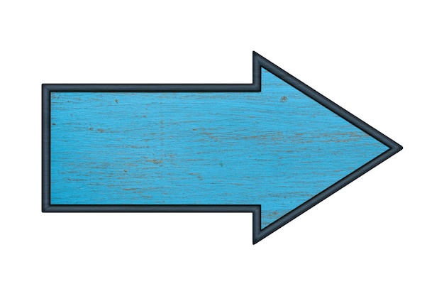 Segno di freccia Vecchio segno di freccia in legno in blu isolato su uno sfondo bianco Cartello in legno