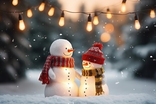 Segno di Natale con il pupazzo di neve Buon anno nuovo Due pupazzi di neve che si tengono per mano fuori