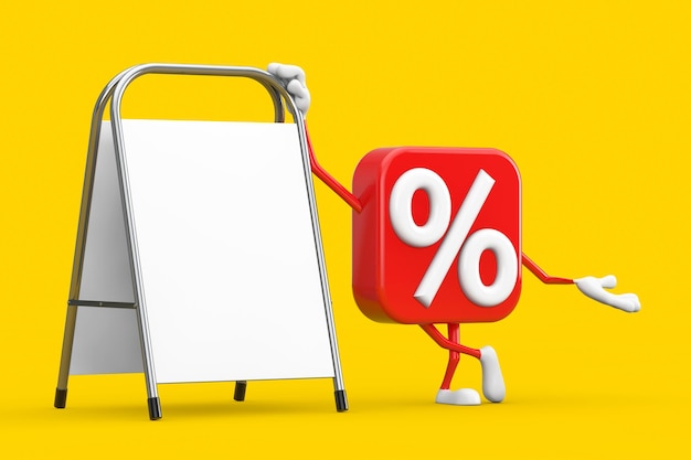 Segno di percentuale di vendita o sconto Persona Personaggio mascotte con promozione pubblicitaria in bianco bianco Stand su sfondo giallo Rendering 3d