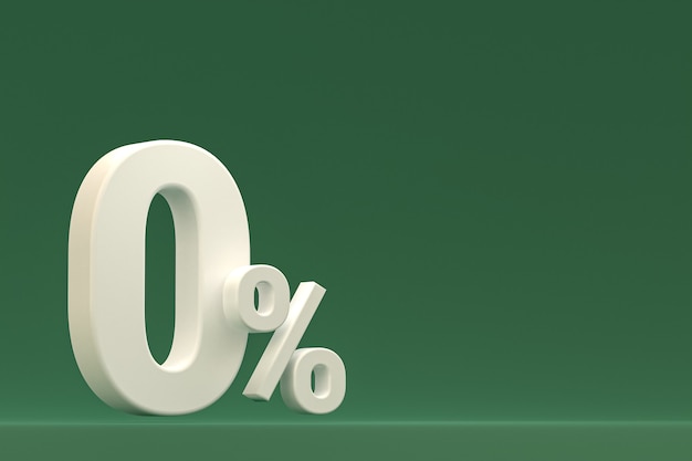 Segno di percentuale zero e sconto di vendita su sfondo verde con tasso di offerta speciale. rendering 3d