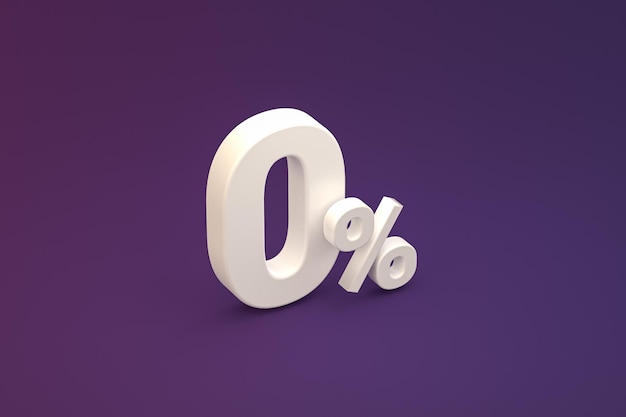 Segno di percentuale zero e sconto di vendita su sfondo viola con tasso di offerta speciale. rendering 3d