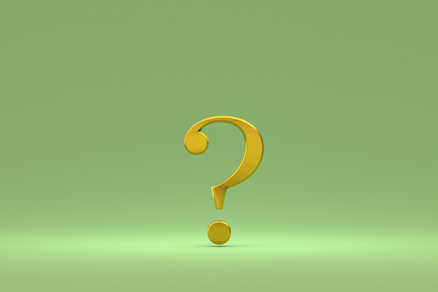 Segno di punto interrogativo oro minimo su sfondo verde, rendering 3d, spazio minimo e copia