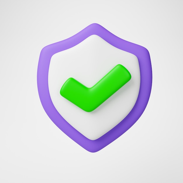 Segno di spunta dell'icona dello scudo di protezione 3d sul concetto di sicurezza del simbolo dello scudo
