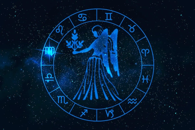 Segno di Virgohoroscope in dodici zodiaco con la grafica di sfondo delle stelle della galassia del pensiero dell'uomo del poligono