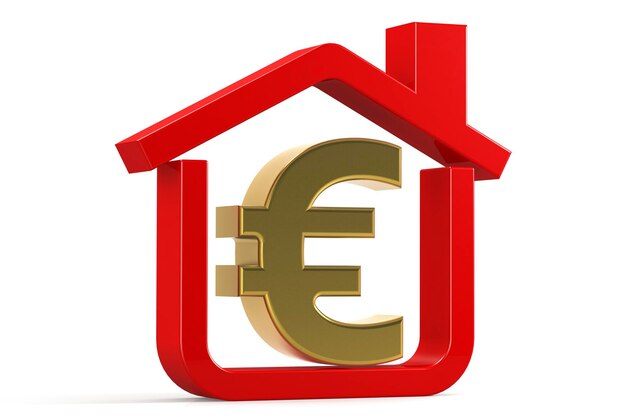 Segno dorato dell'euro dentro casa rossa