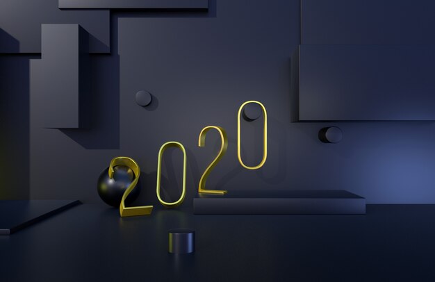 Segno dorato di 2020 anni con sfondo nero. Illustrazione 3D