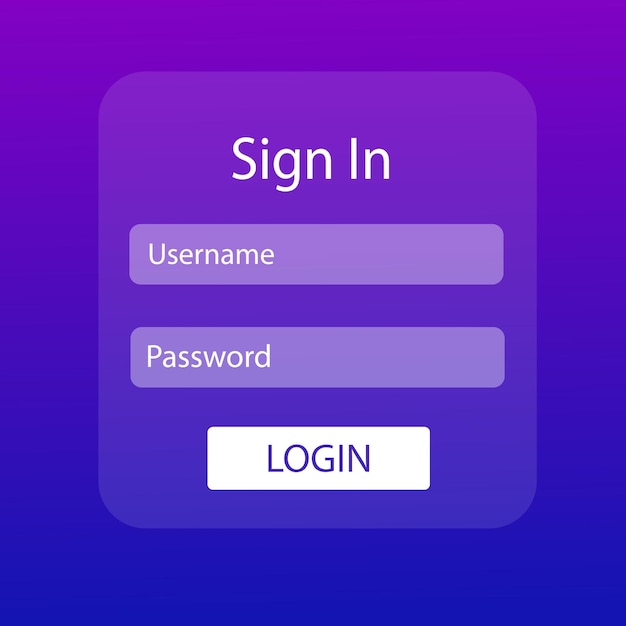 Segno in modellazione pagina Segno viola piatto in modello campi nome utente e password pulsante di accesso Illustrazione vettoriale