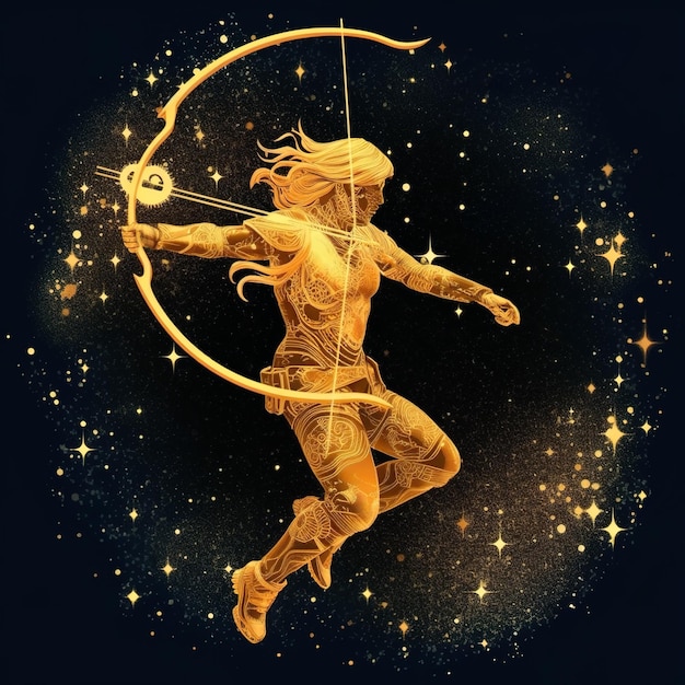 Segno odiaco del Sagittario fantasia arciere dorato lucido con stelle dorate AI generativa