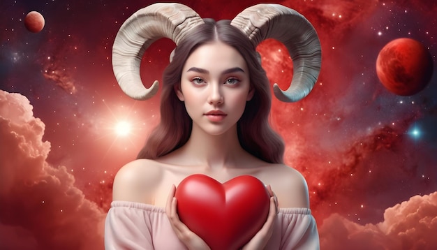Segno zodiacale Ariete bella donna universo e cuore rosso sfondo oroscopo d'amore