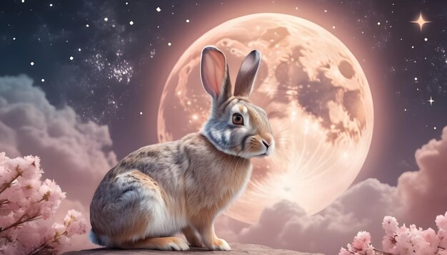 Segno zodiacale cinese Coniglio bellissimo sfondo dell'universo luna piena stelle