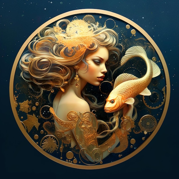 Segno zodiacale dei Pesci giovane donna e pesce d'oro su sfondo scuro