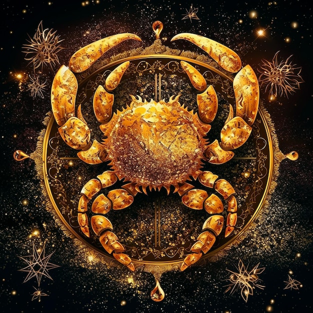 Segno zodiacale del cancro granchio d'oro su sfondo scuro cielo stellato