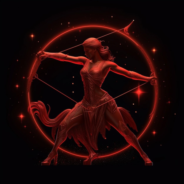 segno zodiacale del Sagittario con un cerchio rosso e una donna che tiene un arco ai generativo