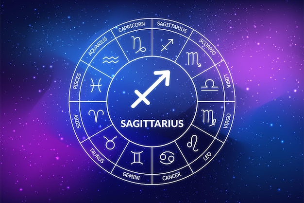 Segno zodiacale del Sagittario Sfondo astratto del cielo notturno Icona del Sagittario su sfondo blu dello spazio