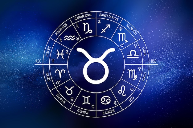 Segno zodiacale del Toro Sfondo astratto del cielo notturno Icona del Toro sullo sfondo dello spazio blu