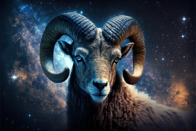 Segno zodiacale dell'Ariete ram con luce magica e stelle nello spazio AI generativo