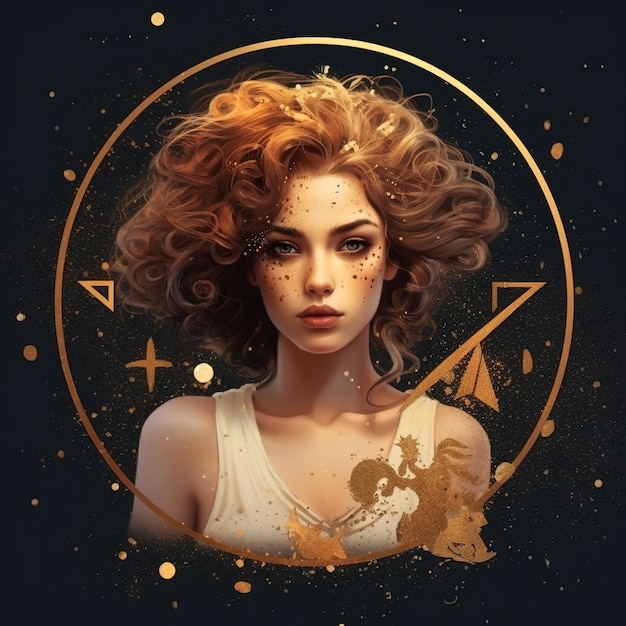 Segno zodiacale della fanciulla fantasy Vergine con glitter dorati e ruota generativa AI