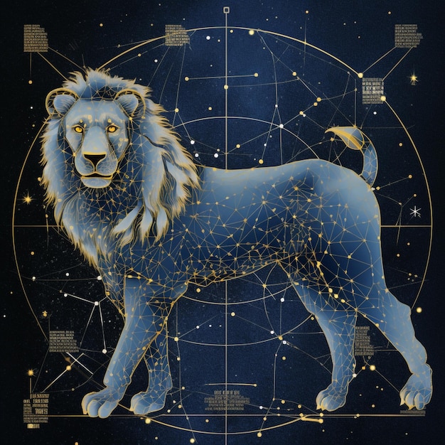 Segno zodiacale di un leone con una stella dorata sullo sfondo generativo ai