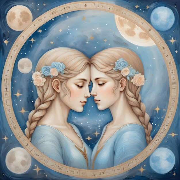 segno zodiacale gemelli un dipinto di due ragazze e la luna