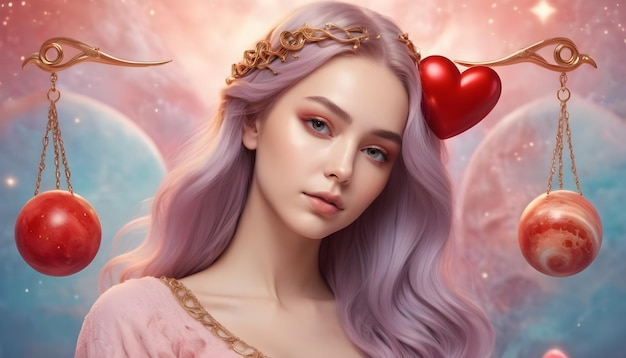 Segno zodiacale Libra oroscopo dell'amore bella donna universo sfondo cuore rosso