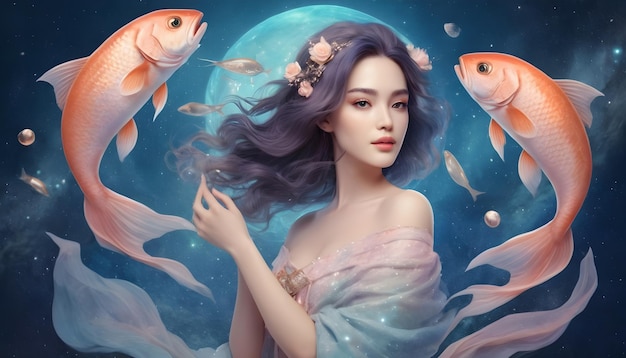 Segno zodiacale Pisci Bella donna con due pesci Lo sfondo dell'universo