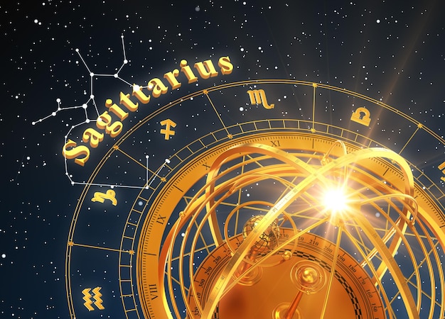 Segno zodiacale Sagittario e sfera armillare su sfondo blu