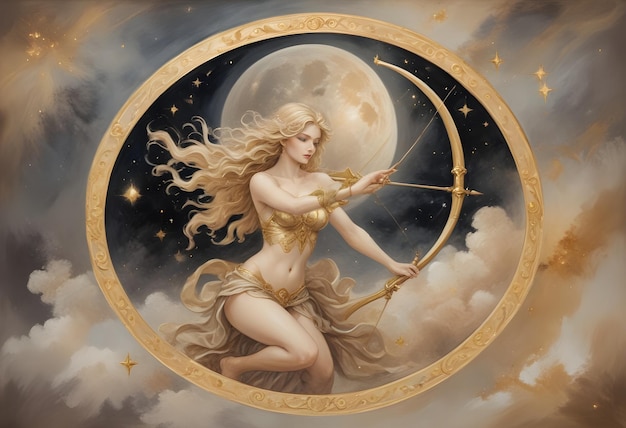 segno zodiacale Sagittario una donna con un arco e una freccia nel cielo