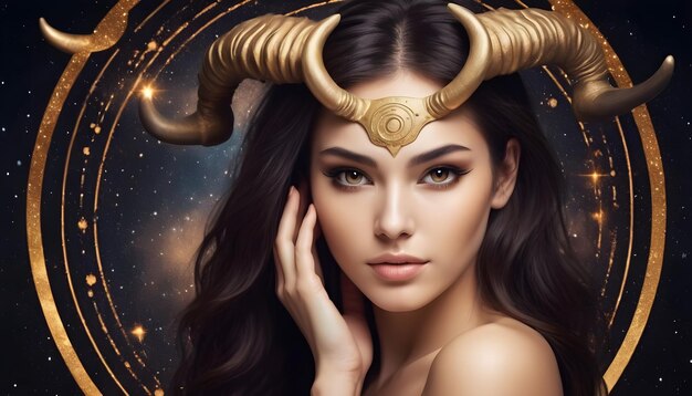 Segno zodiacale Toro bella donna con corna universo sfondo oro e nero