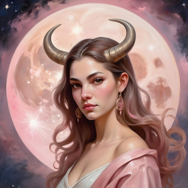 Segno zodiacale Toro una donna con i capelli lunghi e una camicia rosa ha corna sulla testa