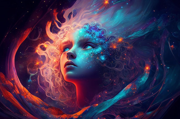 Segno zodiacale Vergine Oroscopo Simbolo Astrologia magica Donna nel fantastico cielo notturno Illustrazione AI generativa